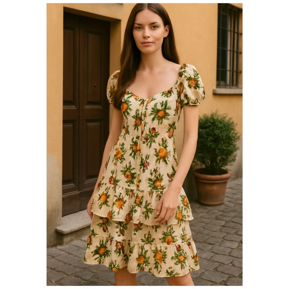 Significant Other Fruit Print Tiered Fit & Flare Midi Dress Cream Size 4